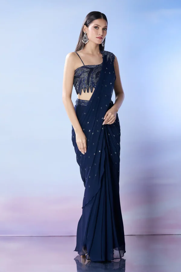 Blue Silk, Georgette Cut Work, Beads, Sequins Embroidered Pre-draped Saree Set
