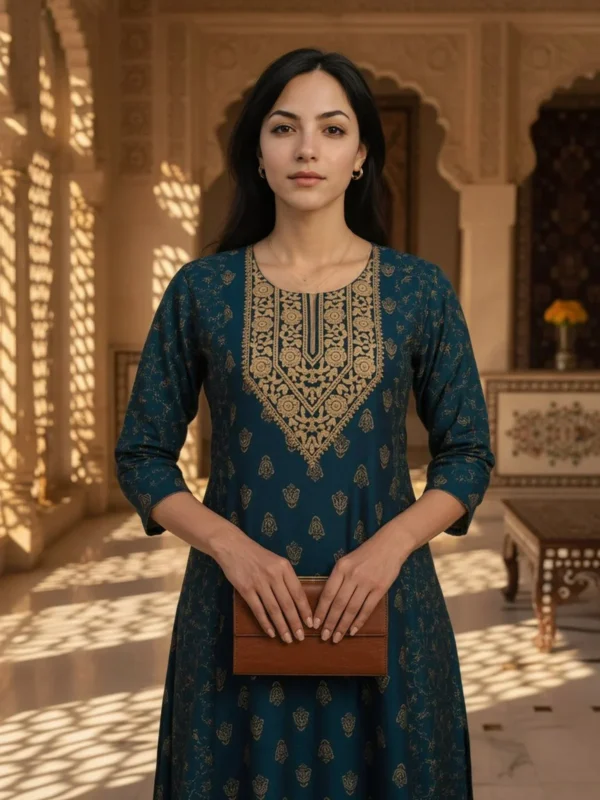 Poly Viscose Embroidered Anarkali Calf Length Kurta - Teal