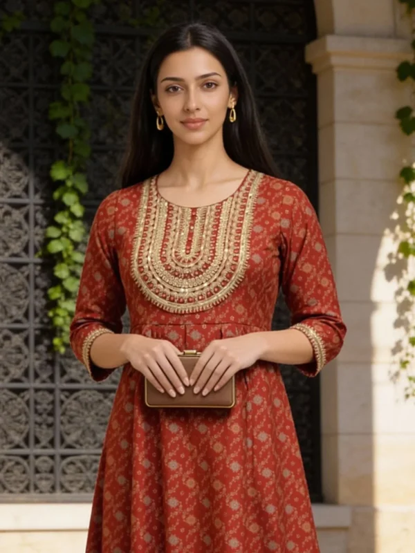 Poly Viscose Embroidered Anarkali Calf Length Kurta - Maroon