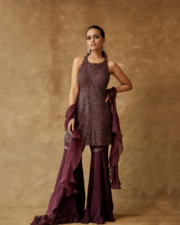 Plum Hand Embroidered Sharara Set