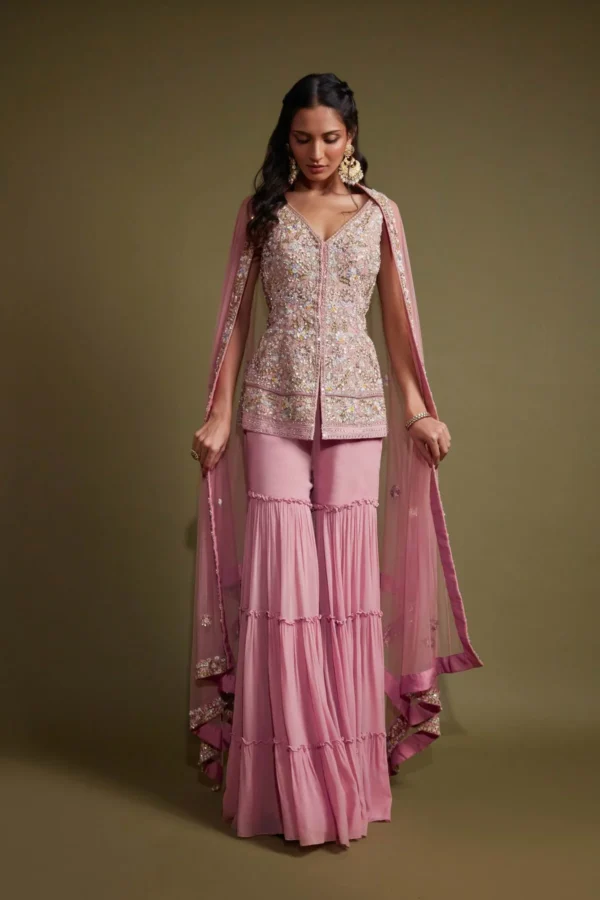 Onion Pink Hand Embroidered Sharara Set