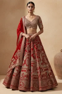 Deep Red Zari Embroidered Silk Wedding Lehenga with Elbow Sleeves Blouse-JK1938