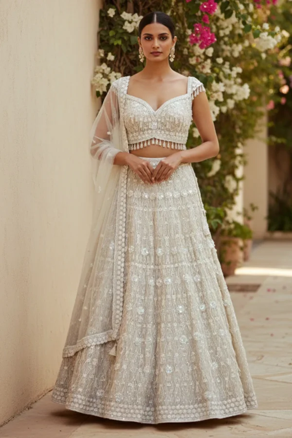 Ivory Sequins Embroidered Net Sangeet Lehenga with Sweetheart Neck