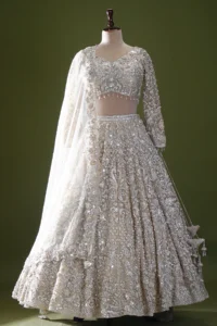 Off White Sequins Embroidered Reception Lehenga with Full Sleeves Blouse