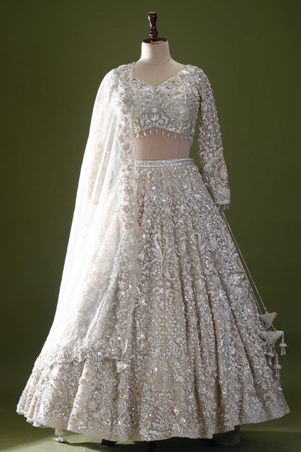 Off White Sequins Embroidered Reception Lehenga with Full Sleeves Blouse
