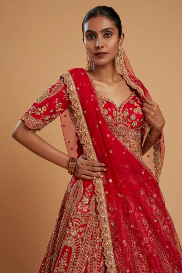 Red Silk Bridal Lehenga with Leaf Neck Blouse